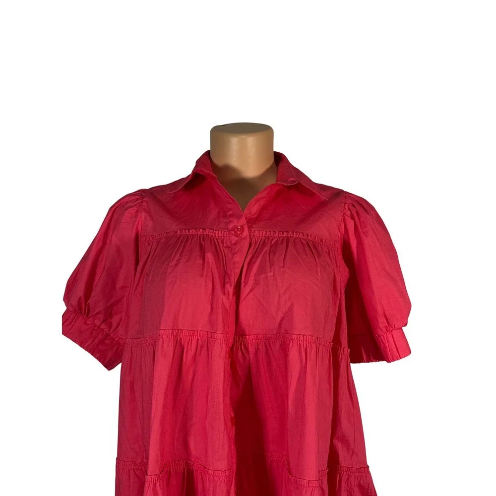 Peixoto Tiered Babydoll Dress Kids Large‎ Pink New Puff Sleeve Button Front